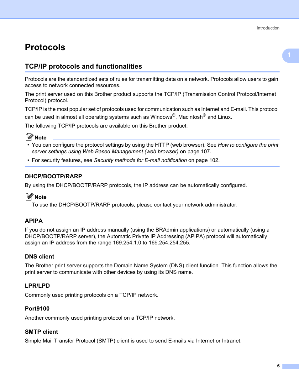 Protocols, Tcp/ip protocols and functionalities, Dhcp/bootp/rarp | Apipa, Dns client, Lpr/lpd, Port9100, Smtp client | Brother HL-2170W User Manual | Page 13 / 137