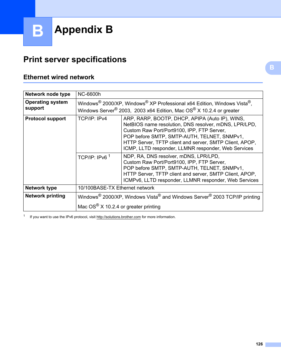 Appendix b, Print server specifications, Ethernet wired network | Brother HL-2170W User Manual | Page 133 / 137