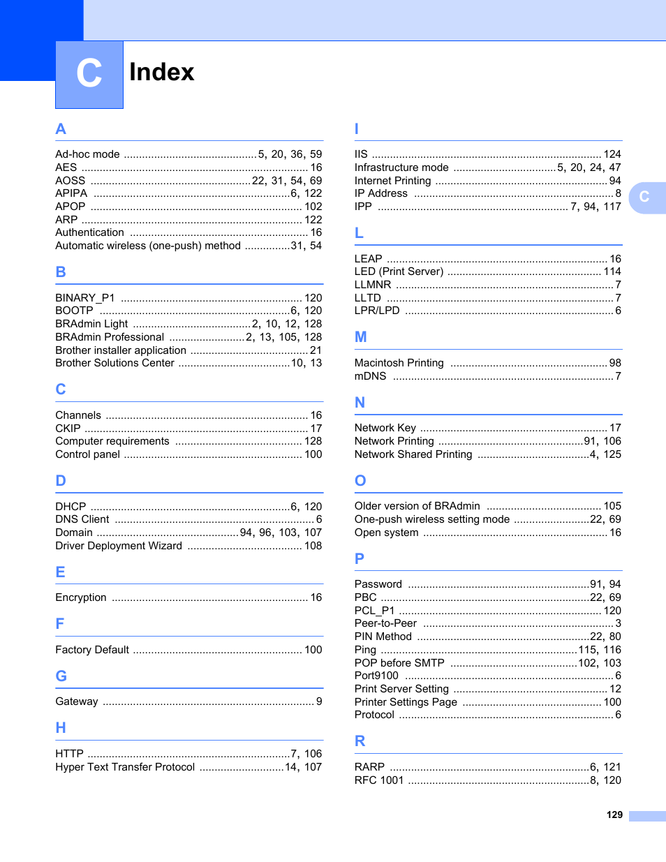 Index | Brother HL-2170W User Manual | Page 136 / 137