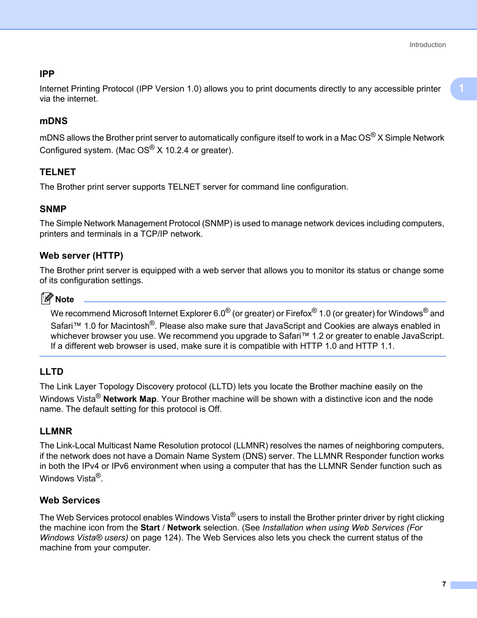 Mdns, Telnet, Snmp | Web server (http), Lltd, Llmnr, Web services | Brother HL-2170W User Manual | Page 14 / 137
