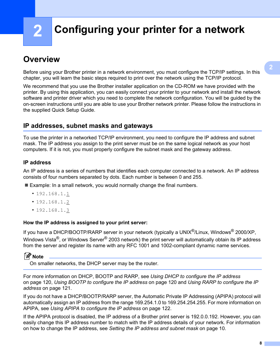 2 configuring your printer for a network, Overview, Ip addresses, subnet masks and gateways | Ip address, Configuring your printer for a network | Brother HL-2170W User Manual | Page 15 / 137