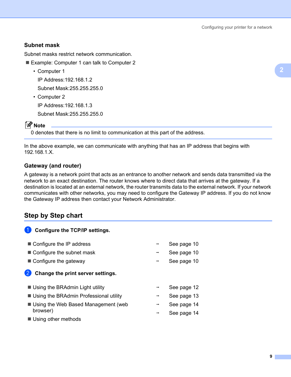 Subnet mask, Gateway (and router), Step by step chart | Brother HL-2170W User Manual | Page 16 / 137