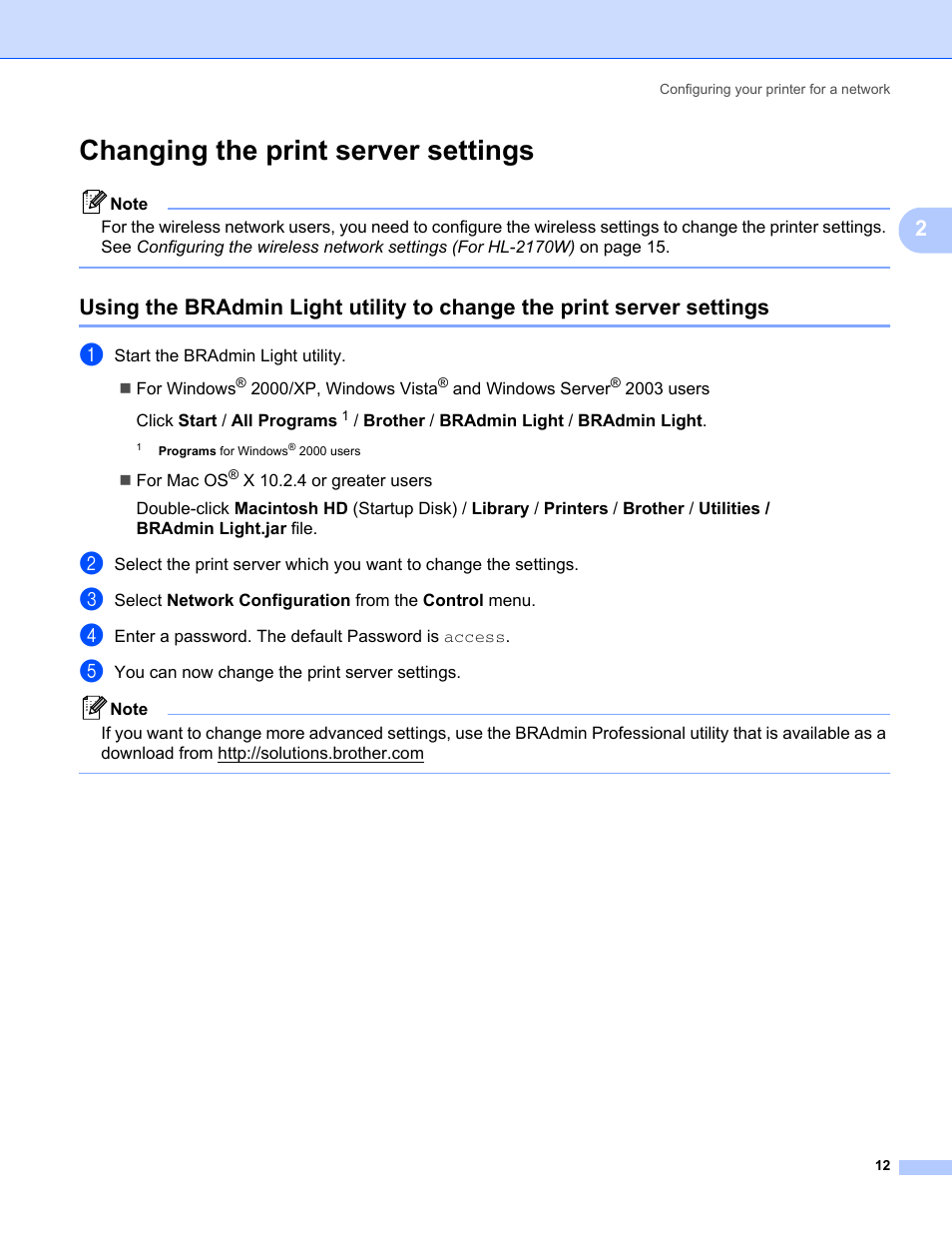 Changing the print server settings | Brother HL-2170W User Manual | Page 19 / 137
