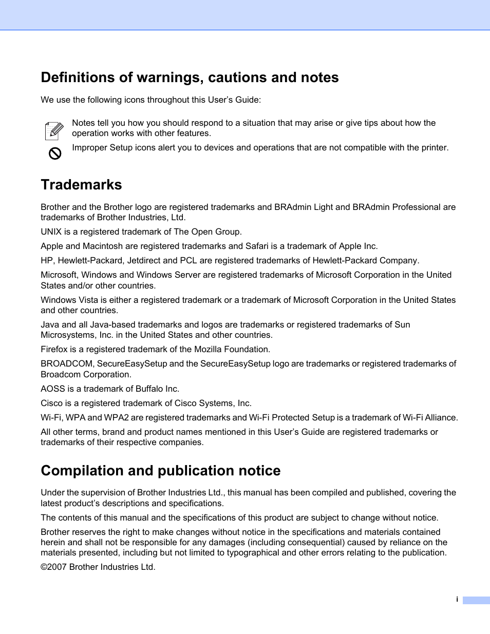 Trademarks, Compilation and publication notice | Brother HL-2170W User Manual | Page 2 / 137