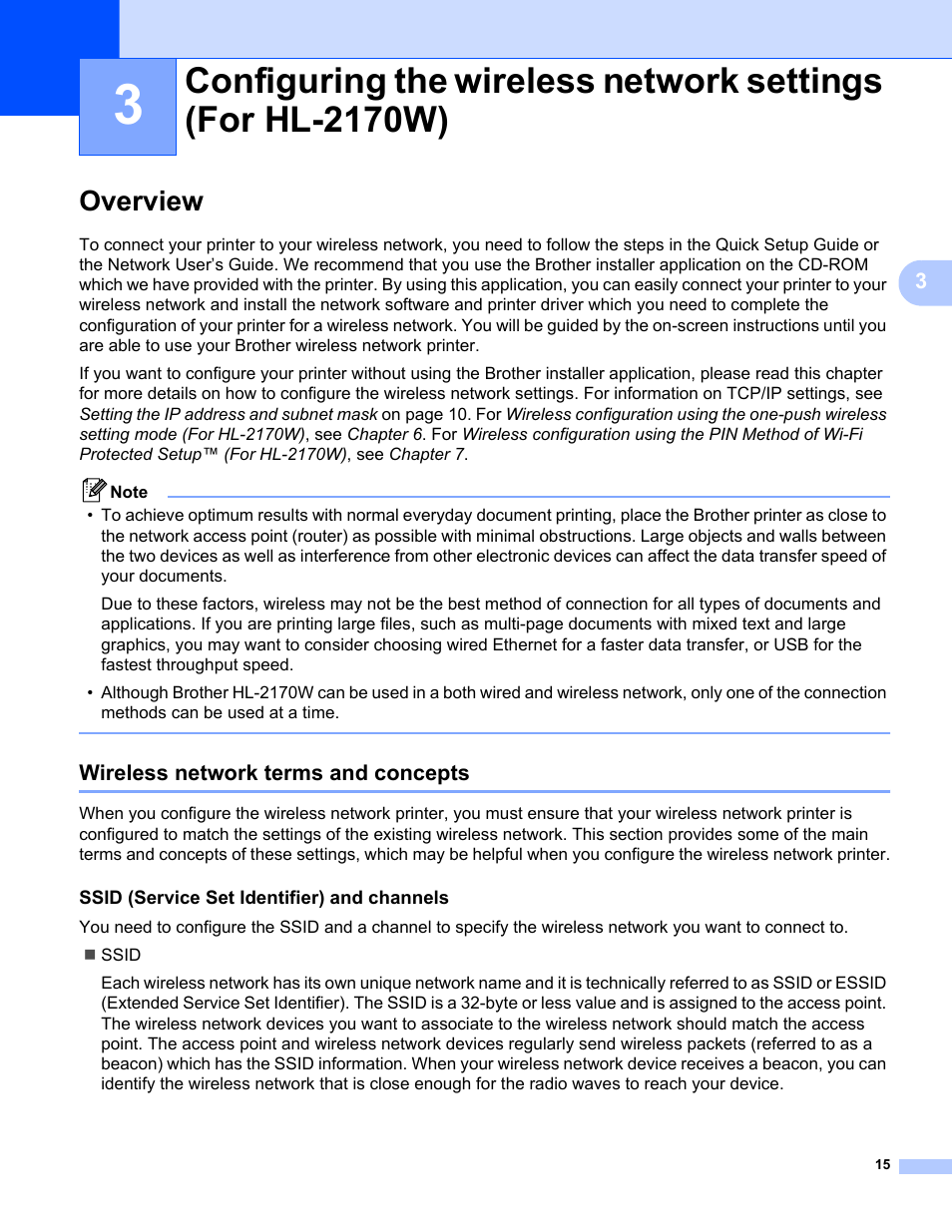 Overview, Wireless network terms and concepts, Ssid (service set identifier) and channels | Brother HL-2170W User Manual | Page 22 / 137