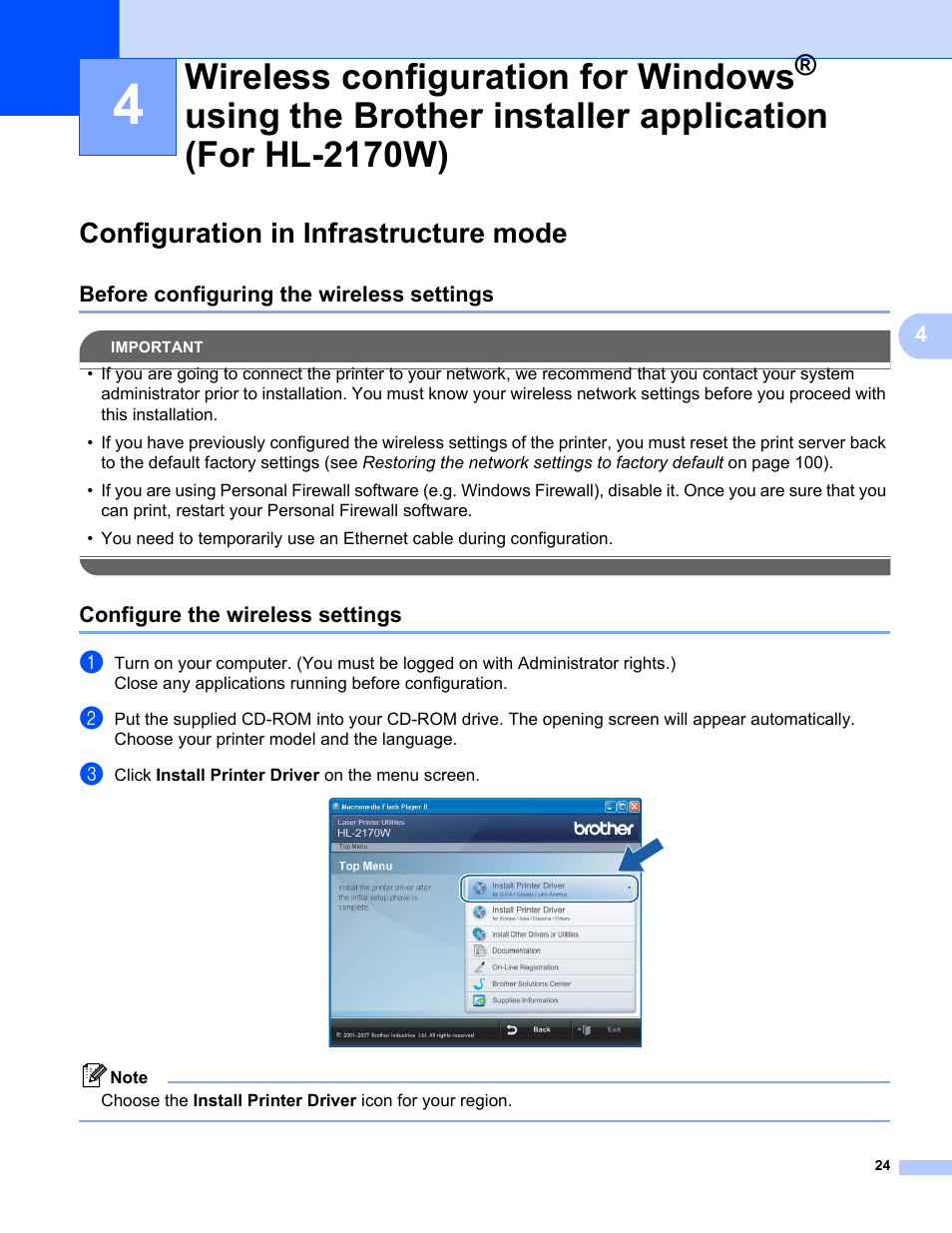 Configuration in infrastructure mode, Before configuring the wireless settings, Configure the wireless settings | Wireless configuration for windows | Brother HL-2170W User Manual | Page 31 / 137