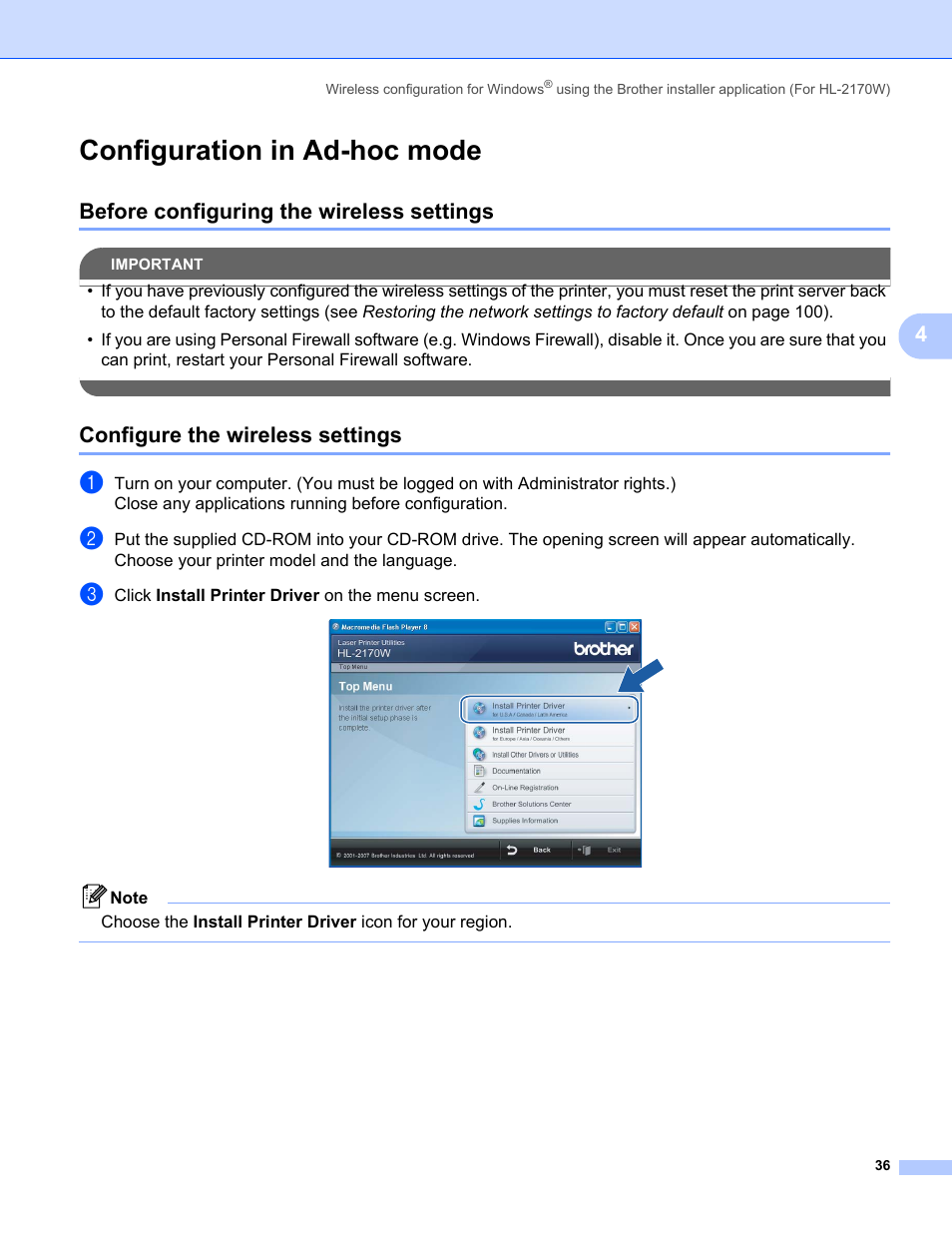 Configuration in ad-hoc mode, Before configuring the wireless settings, Configure the wireless settings | Brother HL-2170W User Manual | Page 43 / 137