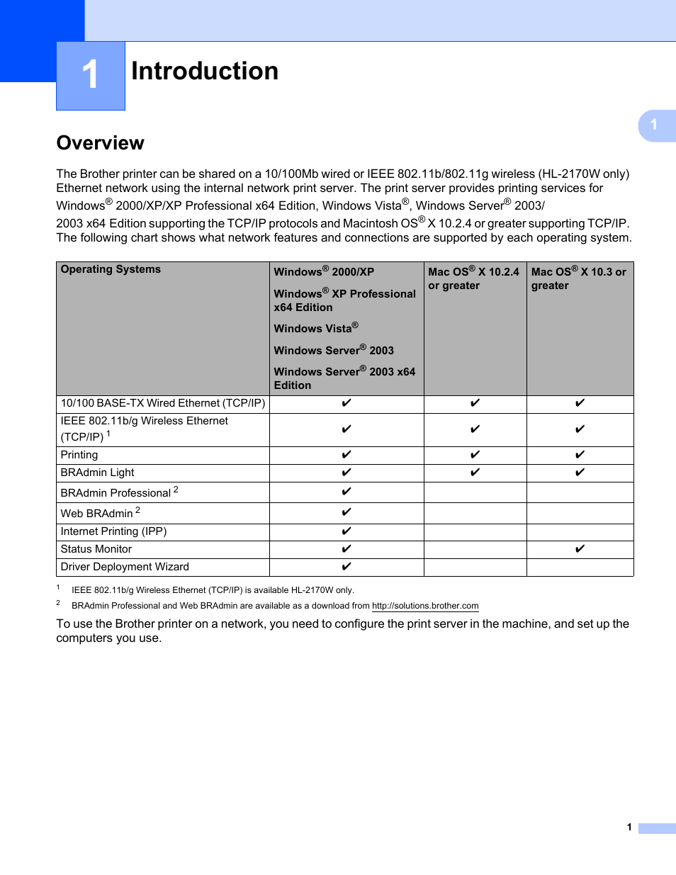 1 introduction, Overview, Introduction | Brother HL-2170W User Manual | Page 8 / 137