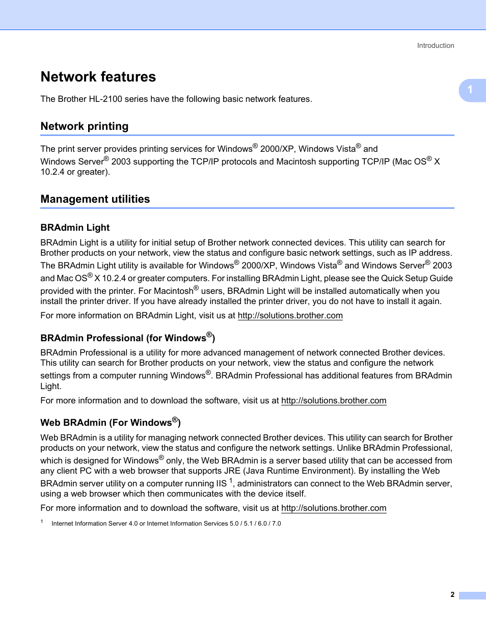 Network features, Network printing, Management utilities | Bradmin light, Bradmin professional (for windows®), Web bradmin (for windows®), Network printing management utilities | Brother HL-2170W User Manual | Page 9 / 137