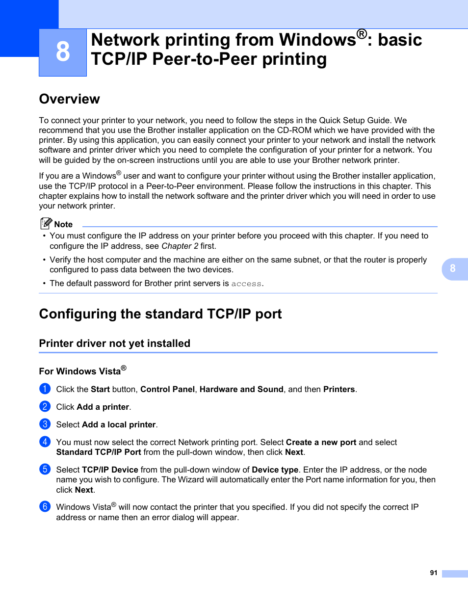 Overview, Configuring the standard tcp/ip port, Printer driver not yet installed | For windows vista, Network printing from windows, Overview configuring the standard tcp/ip port, Basic tcp/ip peer-to-peer printing | Brother HL-2170W User Manual | Page 98 / 137