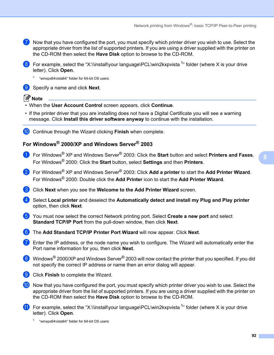 For windows® 2000/xp and windows server® 2003 | Brother HL-2170W User Manual | Page 99 / 137