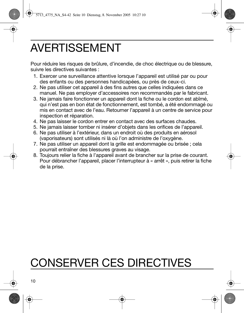 Avertissement, Conserver ces directives | Braun 4775 TriControl User Manual | Page 10 / 18