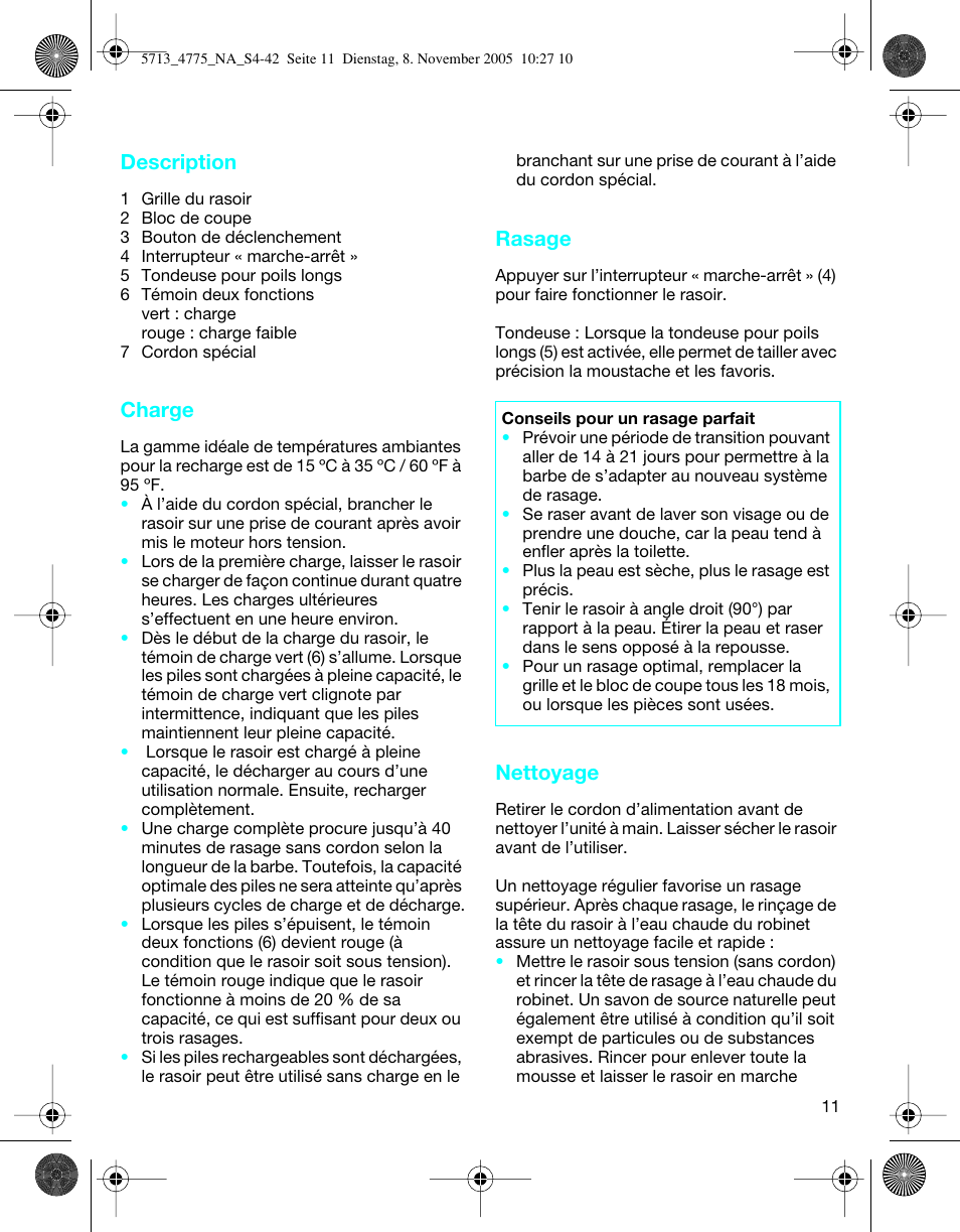 Description, Charge, Rasage | Nettoyage | Braun 4775 TriControl User Manual | Page 11 / 18