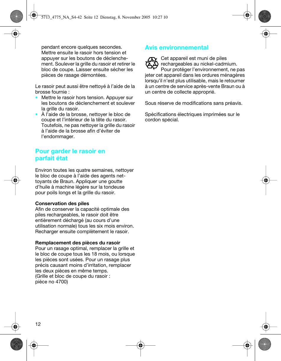 Pour garder le rasoir en parfait état, Avis environnemental | Braun 4775 TriControl User Manual | Page 12 / 18