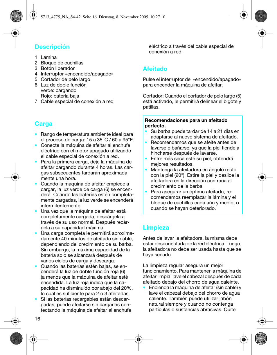 Descripción, Carga, Afeitado | Limpieza | Braun 4775 TriControl User Manual | Page 16 / 18