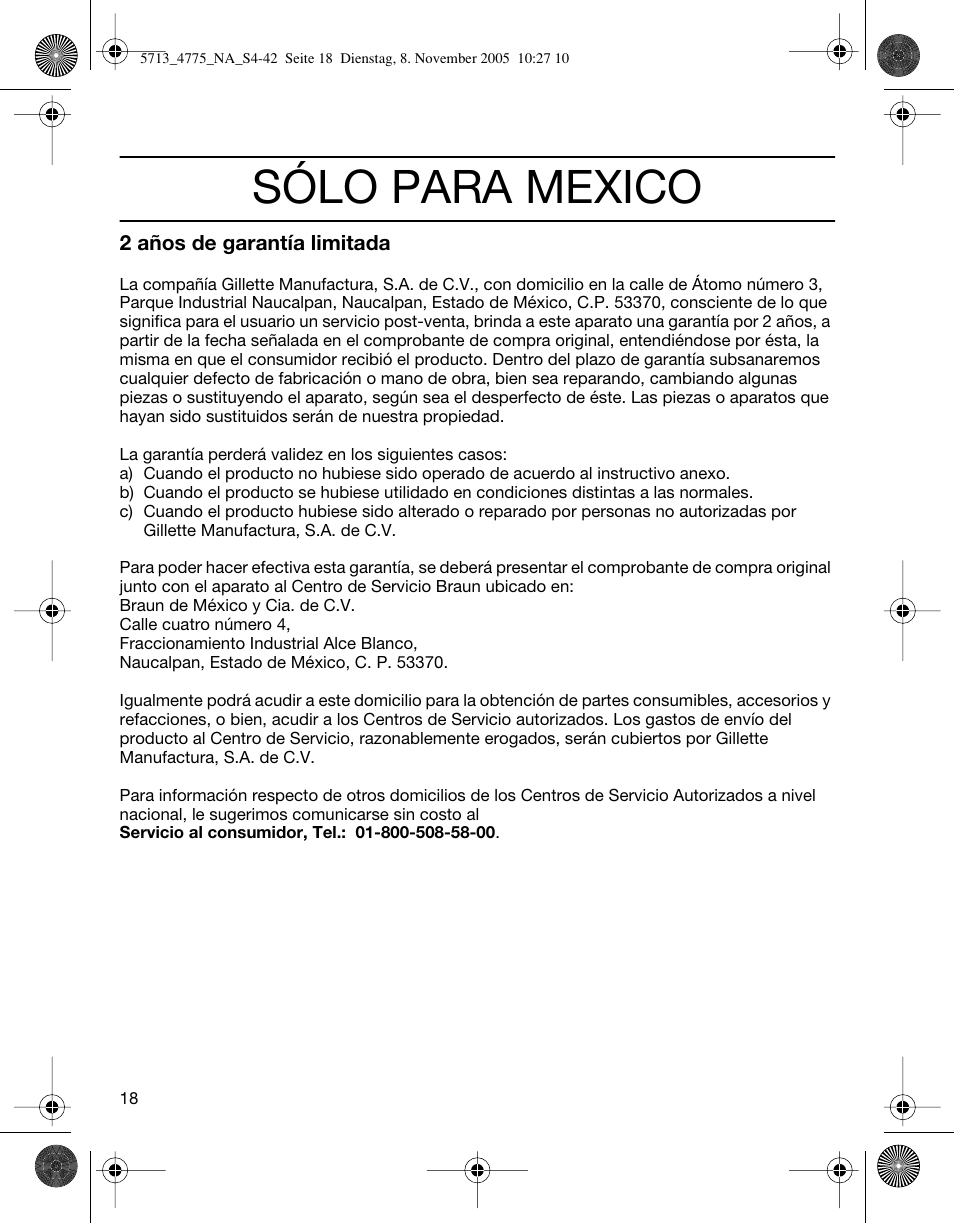 Sólo para mexico | Braun 4775 TriControl User Manual | Page 18 / 18