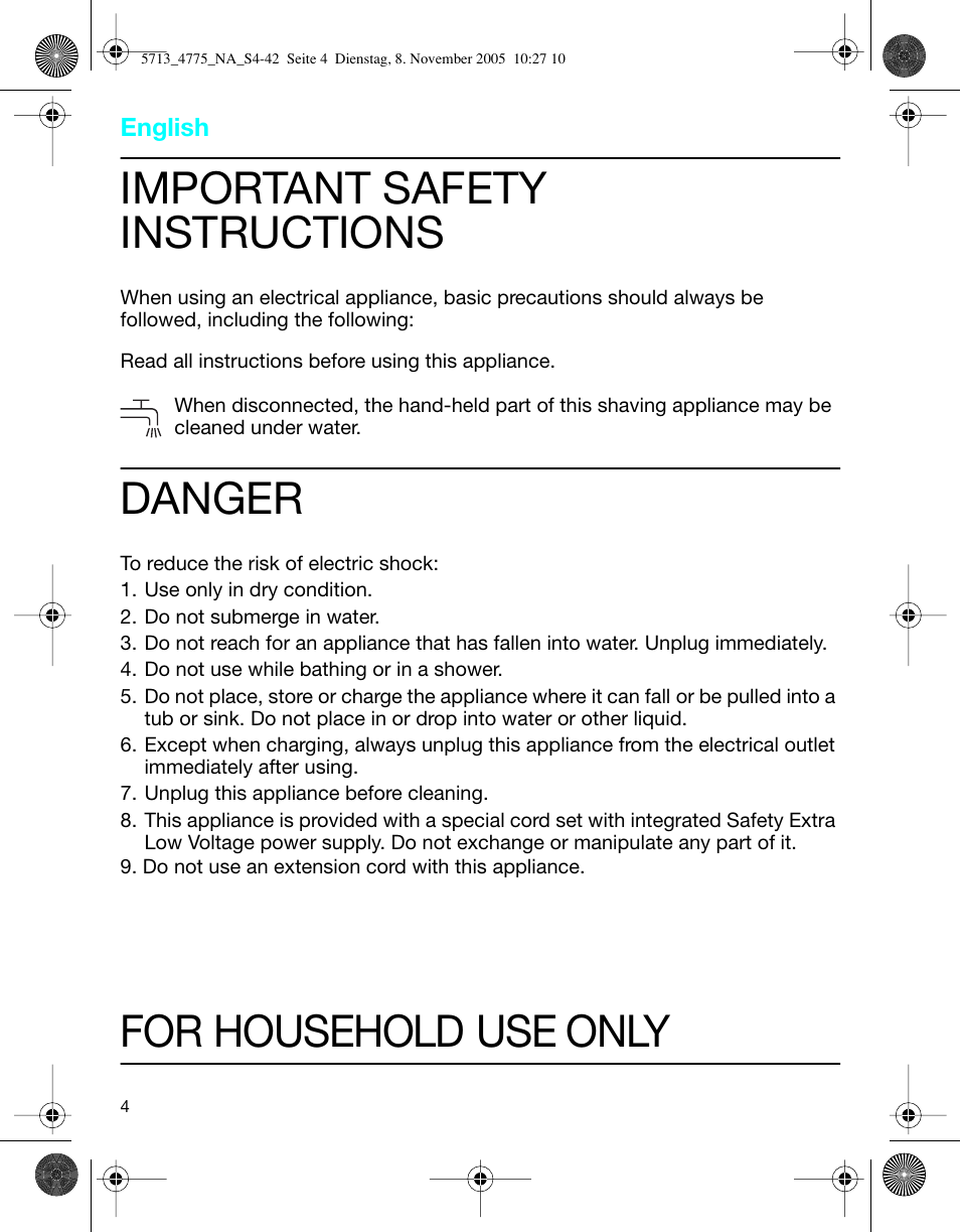 Important safety instructions, Danger, For household use only | Braun 4775 TriControl User Manual | Page 4 / 18