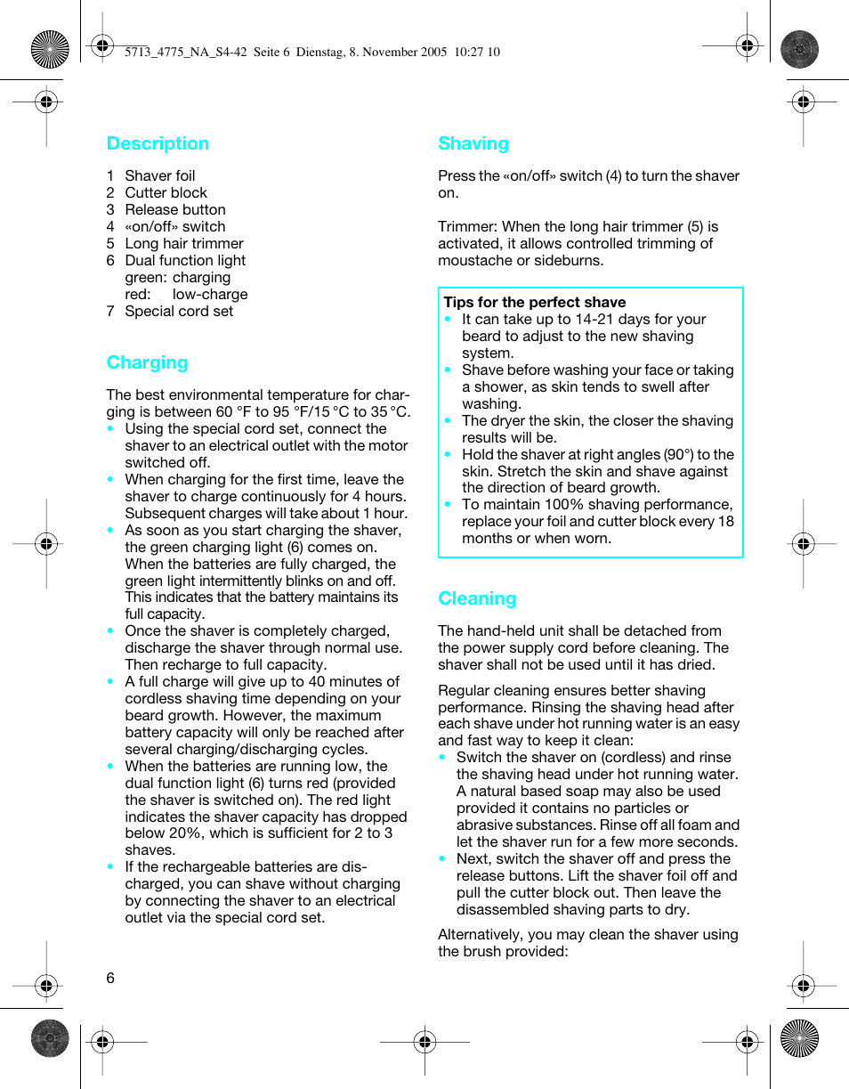 Description, Charging, Shaving | Cleaning | Braun 4775 TriControl User Manual | Page 6 / 18