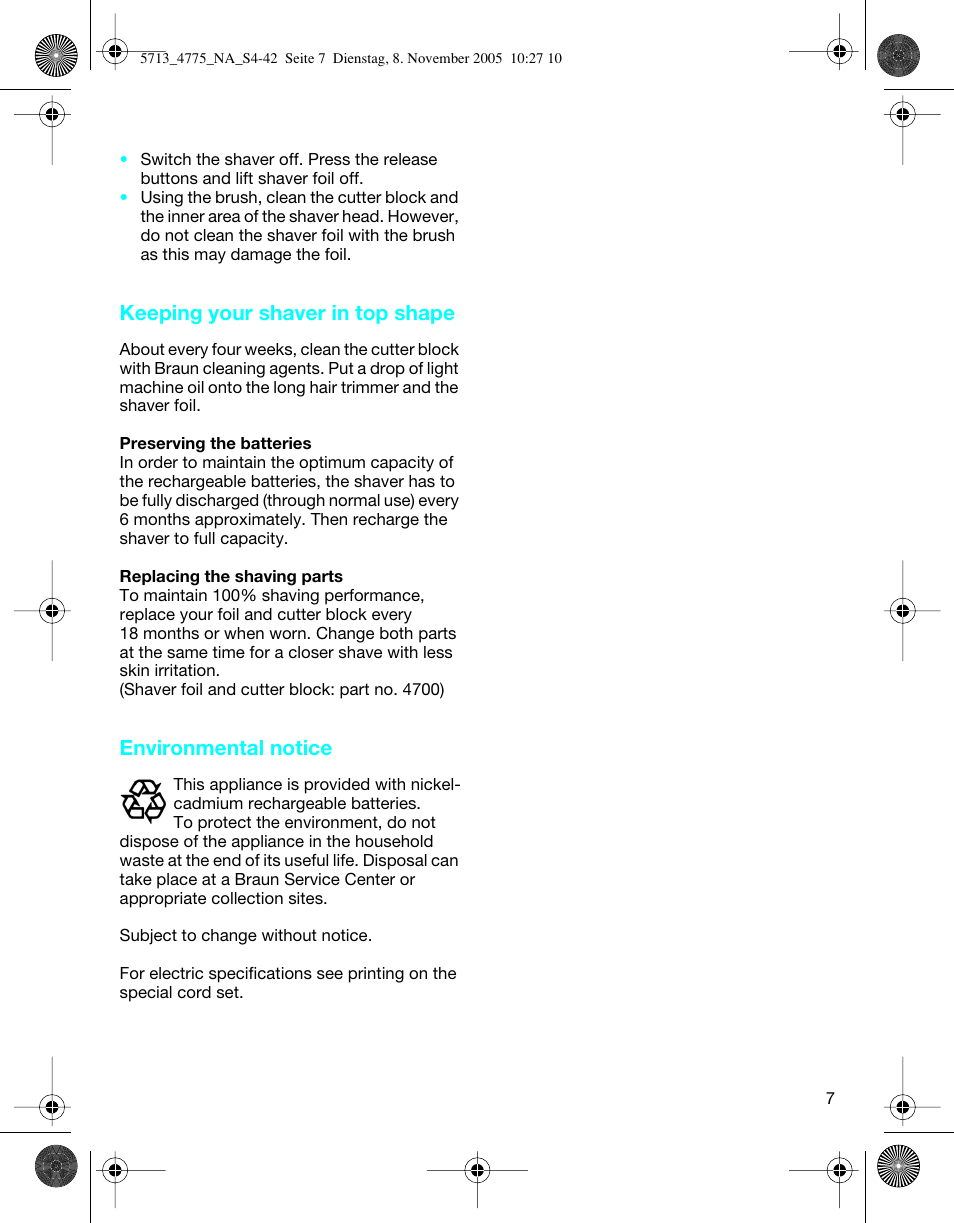 Keeping your shaver in top shape, Environmental notice | Braun 4775 TriControl User Manual | Page 7 / 18