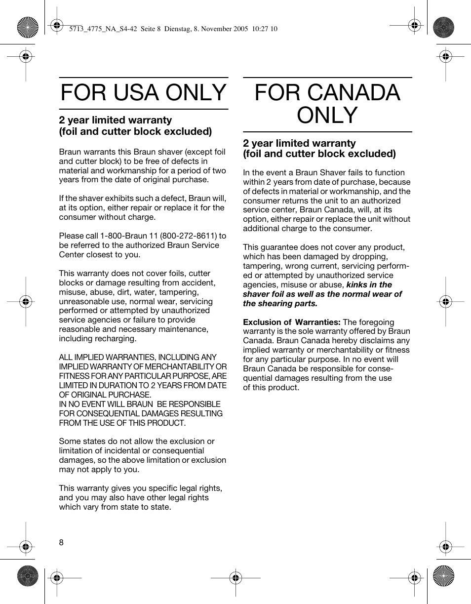 For usa only, For canada only | Braun 4775 TriControl User Manual | Page 8 / 18