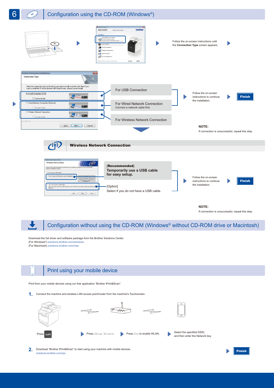 Configuration using the cd-rom (windows, Configuration without using the cd-rom (windows, Without cd-rom drive or macintosh) | Print using your mobile device | Brother MFC-L8600CDW User Manual | Page 2 / 2