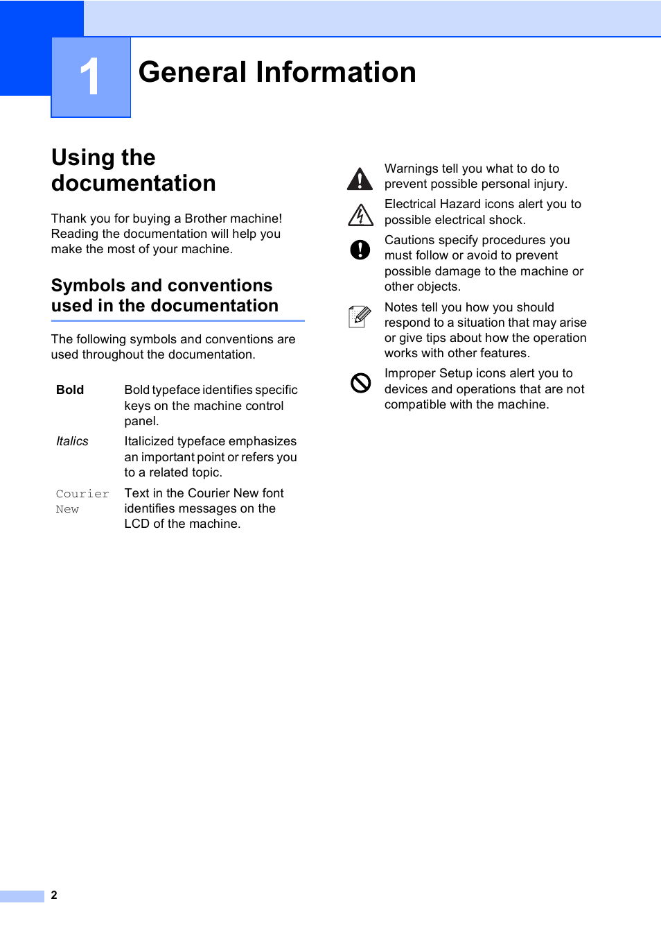 1 general information, Using the documentation, Symbols and conventions used in the documentation | General information | Brother DCP-130C User Manual | Page 15 / 102