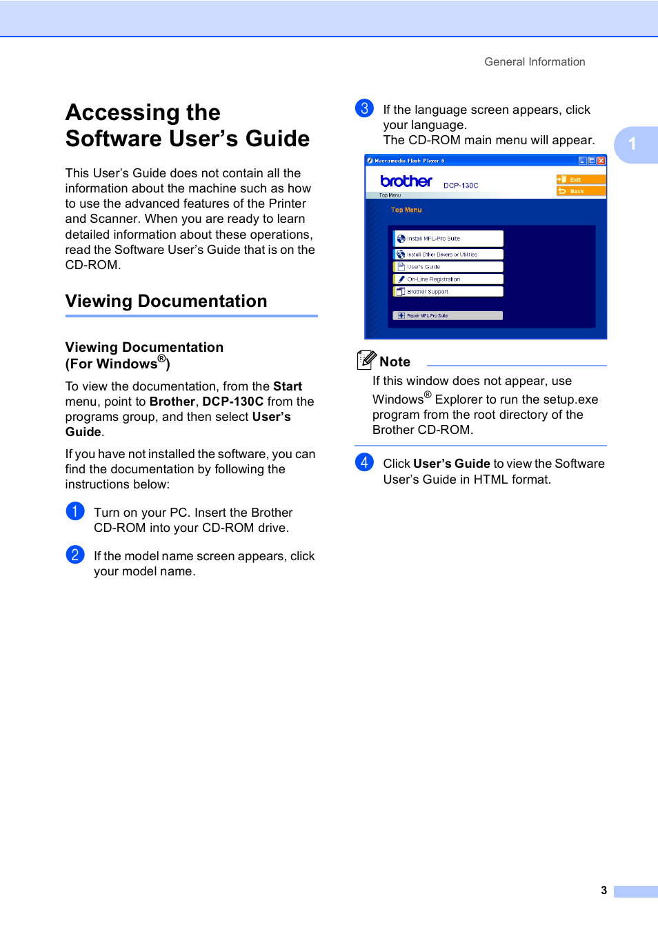 Accessing the software user’s guide, Viewing documentation, Viewing documentation (for windows®) | Brother DCP-130C User Manual | Page 16 / 102