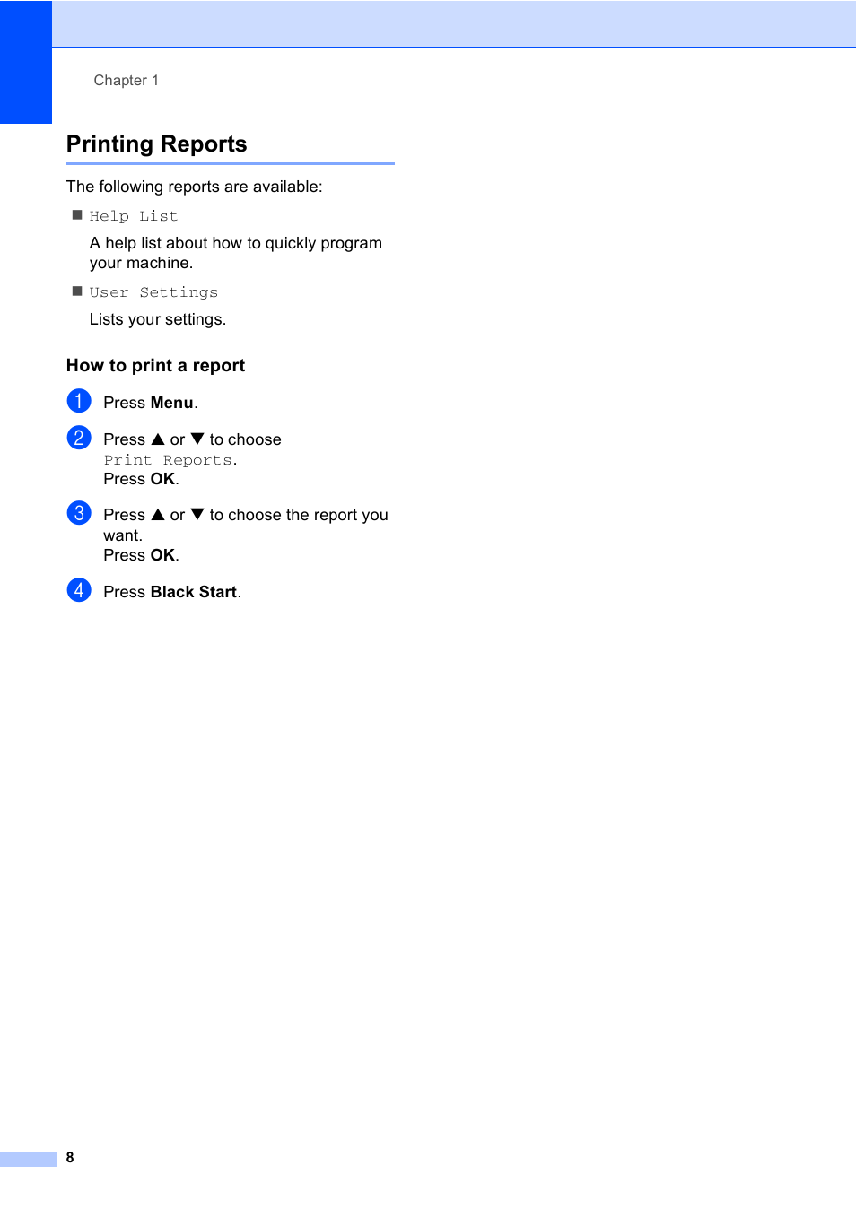 Printing reports, How to print a report | Brother DCP-130C User Manual | Page 21 / 102