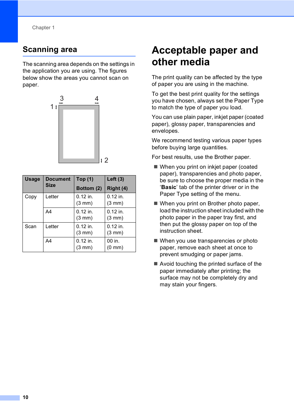 Scanning area, Acceptable paper and other media | Brother DCP-130C User Manual | Page 23 / 102