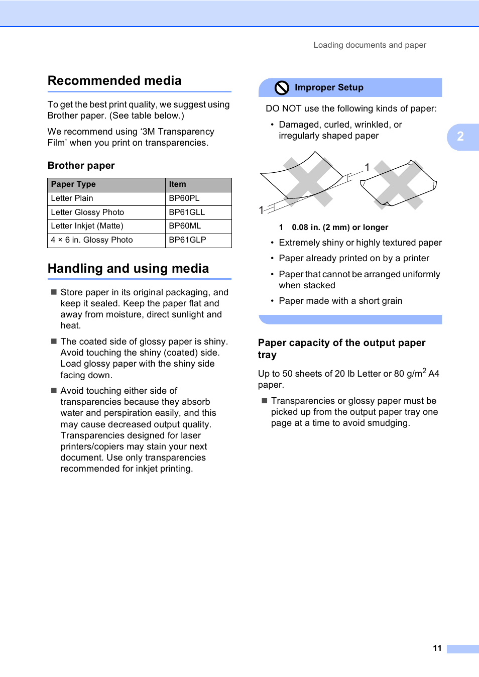 Recommended media, Handling and using media, Paper capacity of the output paper tray | Recommended media handling and using media, 2recommended media | Brother DCP-130C User Manual | Page 24 / 102