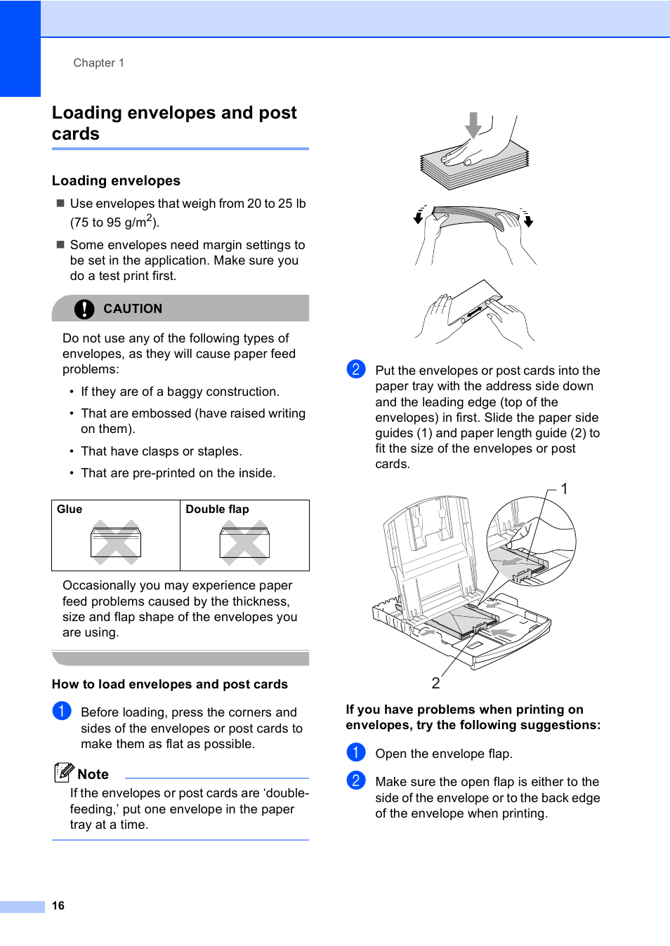 Loading envelopes and post cards, Loading envelopes, How to load envelopes and post cards | Open the envelope flap | Brother DCP-130C User Manual | Page 29 / 102