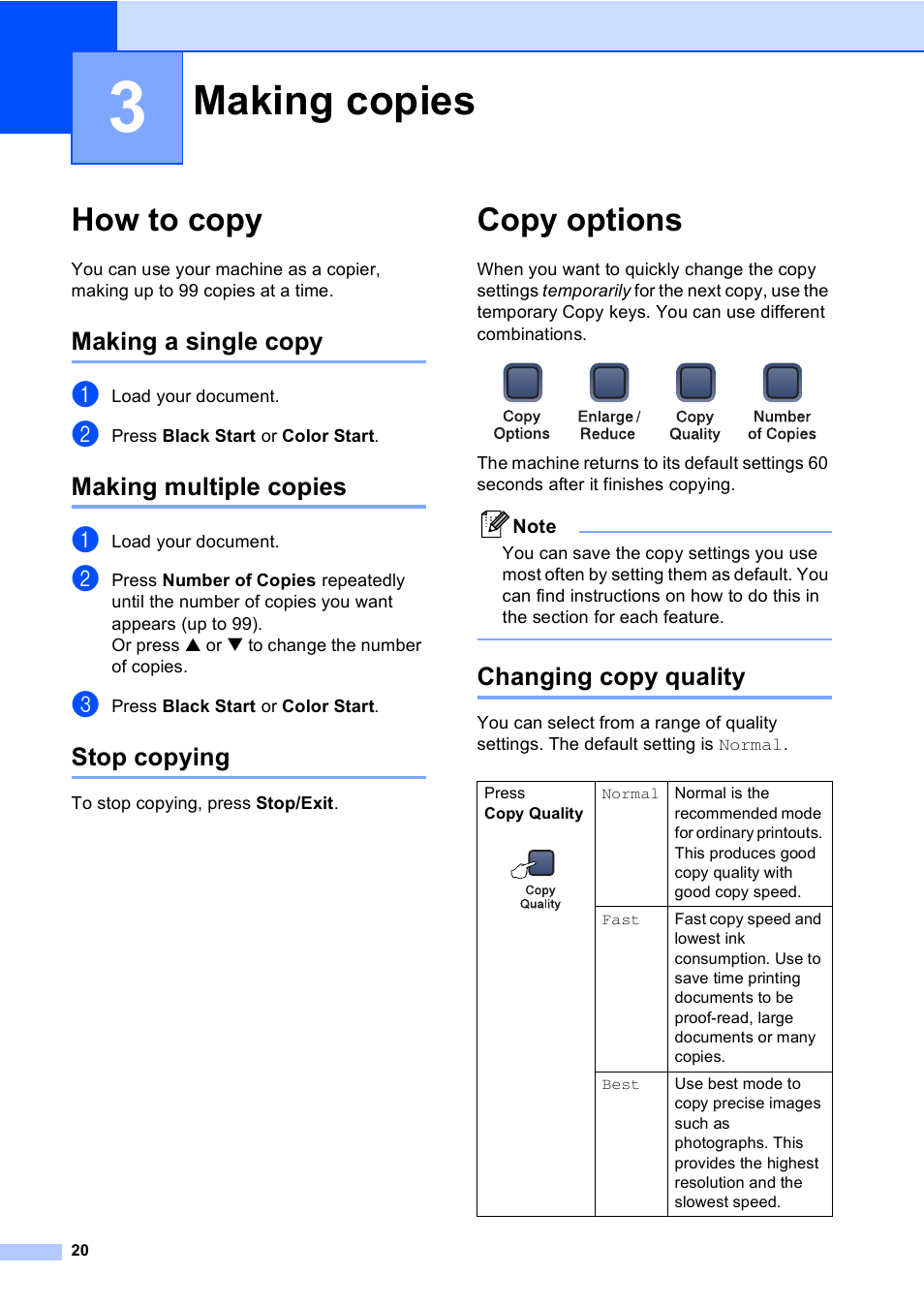 3 making copies, How to copy, Making a single copy | Making multiple copies, Stop copying, Copy options, Changing copy quality, Making copies | Brother DCP-130C User Manual | Page 33 / 102