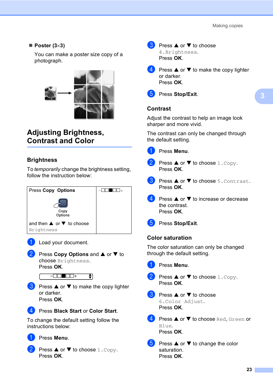 Adjusting brightness, contrast and color, Brightness, Contrast | Color saturation | Brother DCP-130C User Manual | Page 36 / 102