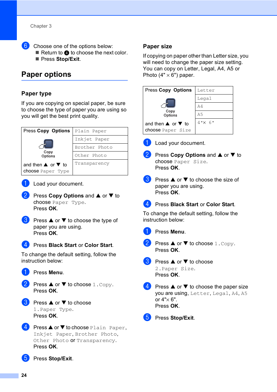 Paper options, Paper type, Paper size | Brother DCP-130C User Manual | Page 37 / 102