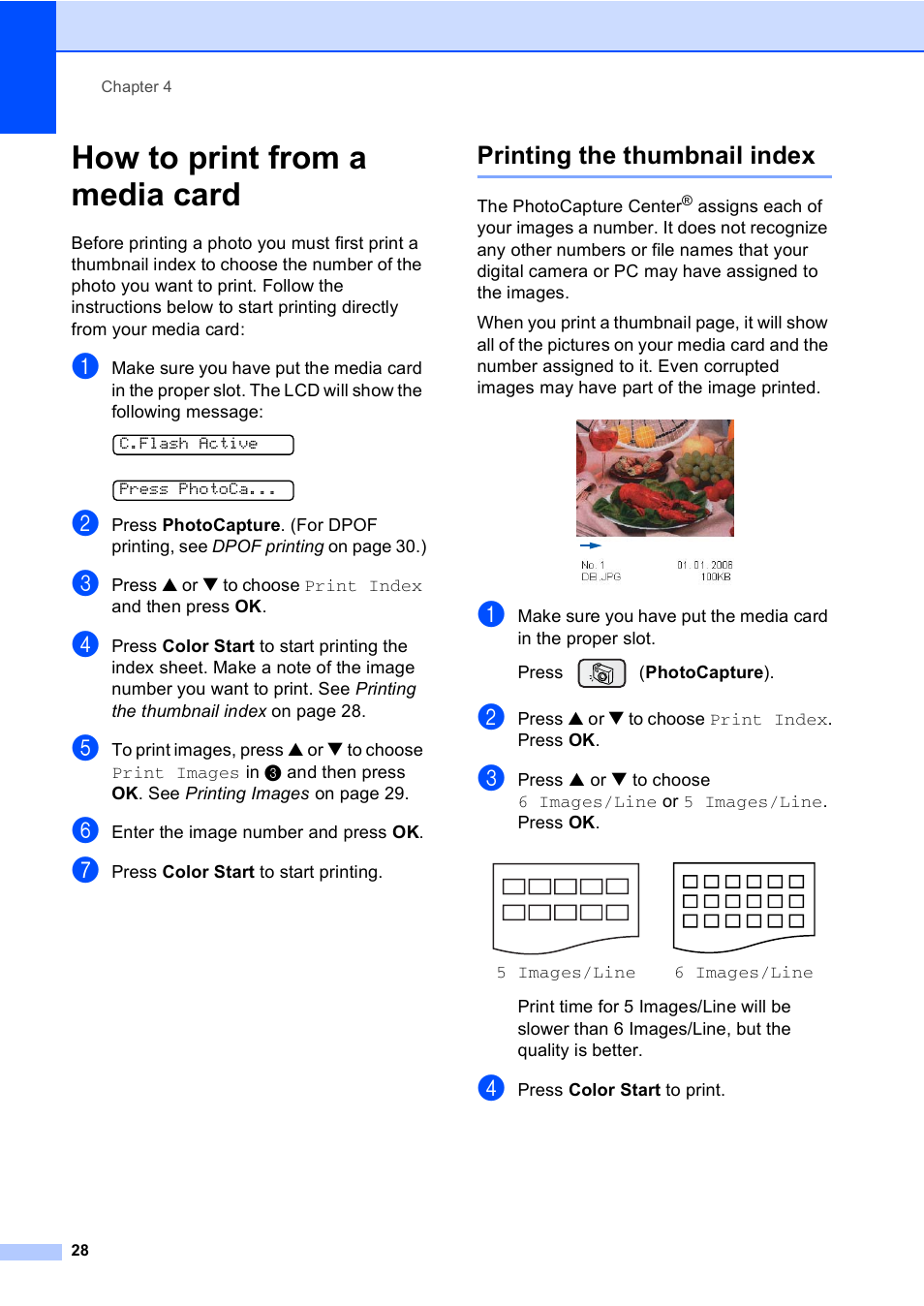 How to print from a media card, Printing the thumbnail index | Brother DCP-130C User Manual | Page 41 / 102