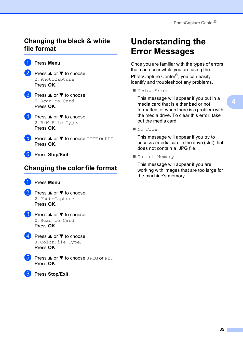 Changing the black & white file format, Changing the color file format, Understanding the error messages | 4changing the black & white file format | Brother DCP-130C User Manual | Page 48 / 102