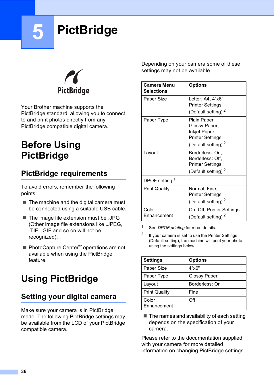 5 pictbridge, Before using pictbridge, Pictbridge requirements | Using pictbridge, Setting your digital camera, Pictbridge | Brother DCP-130C User Manual | Page 49 / 102