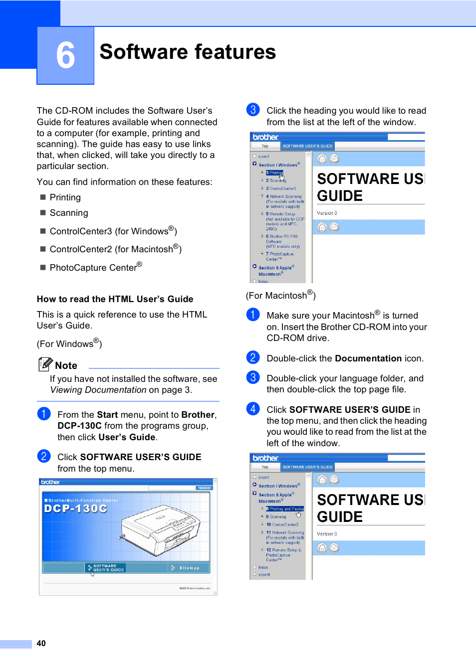 6 software features, Software features | Brother DCP-130C User Manual | Page 53 / 102