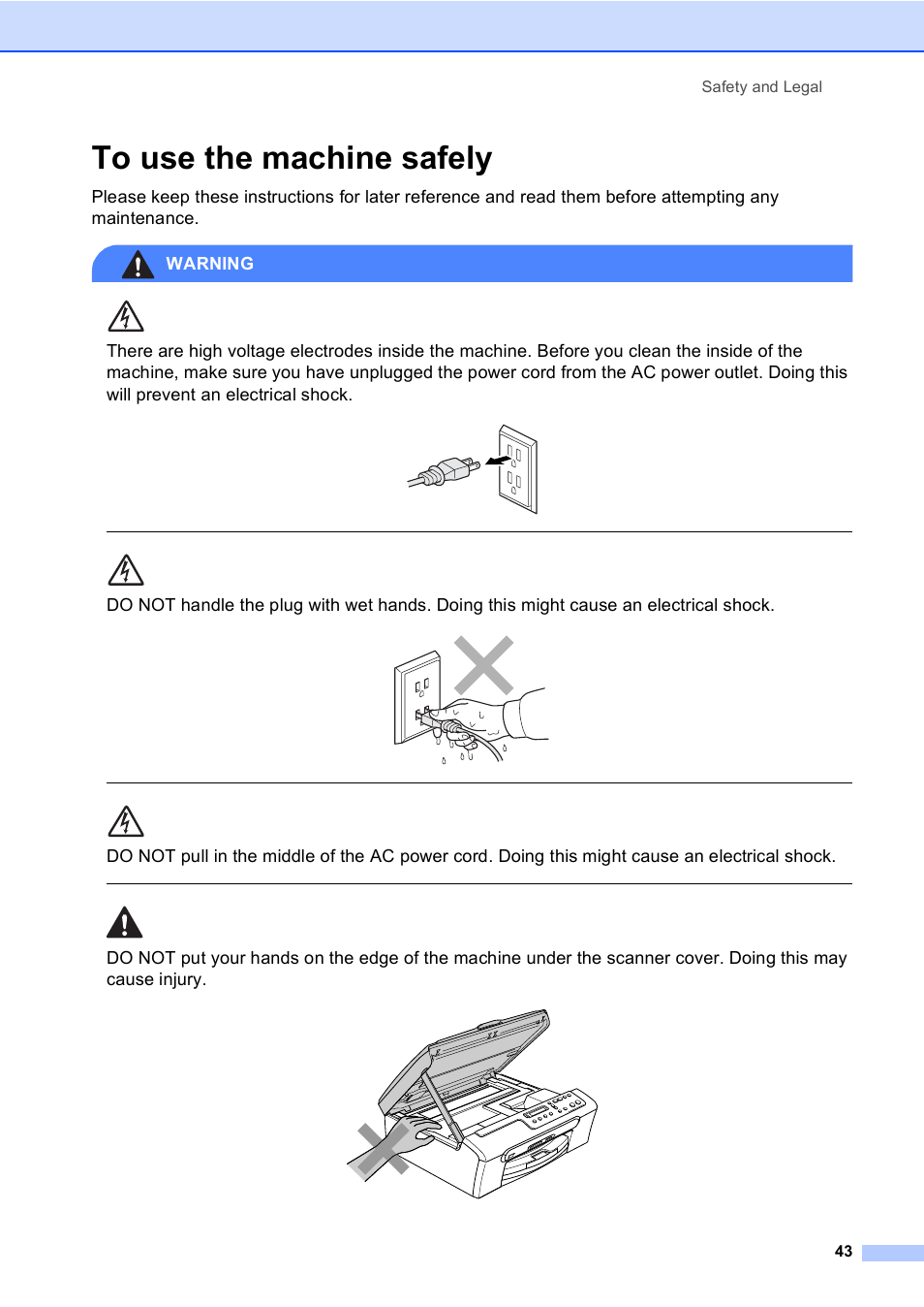 To use the machine safely, Safety and legal 43 | Brother DCP-130C User Manual | Page 56 / 102