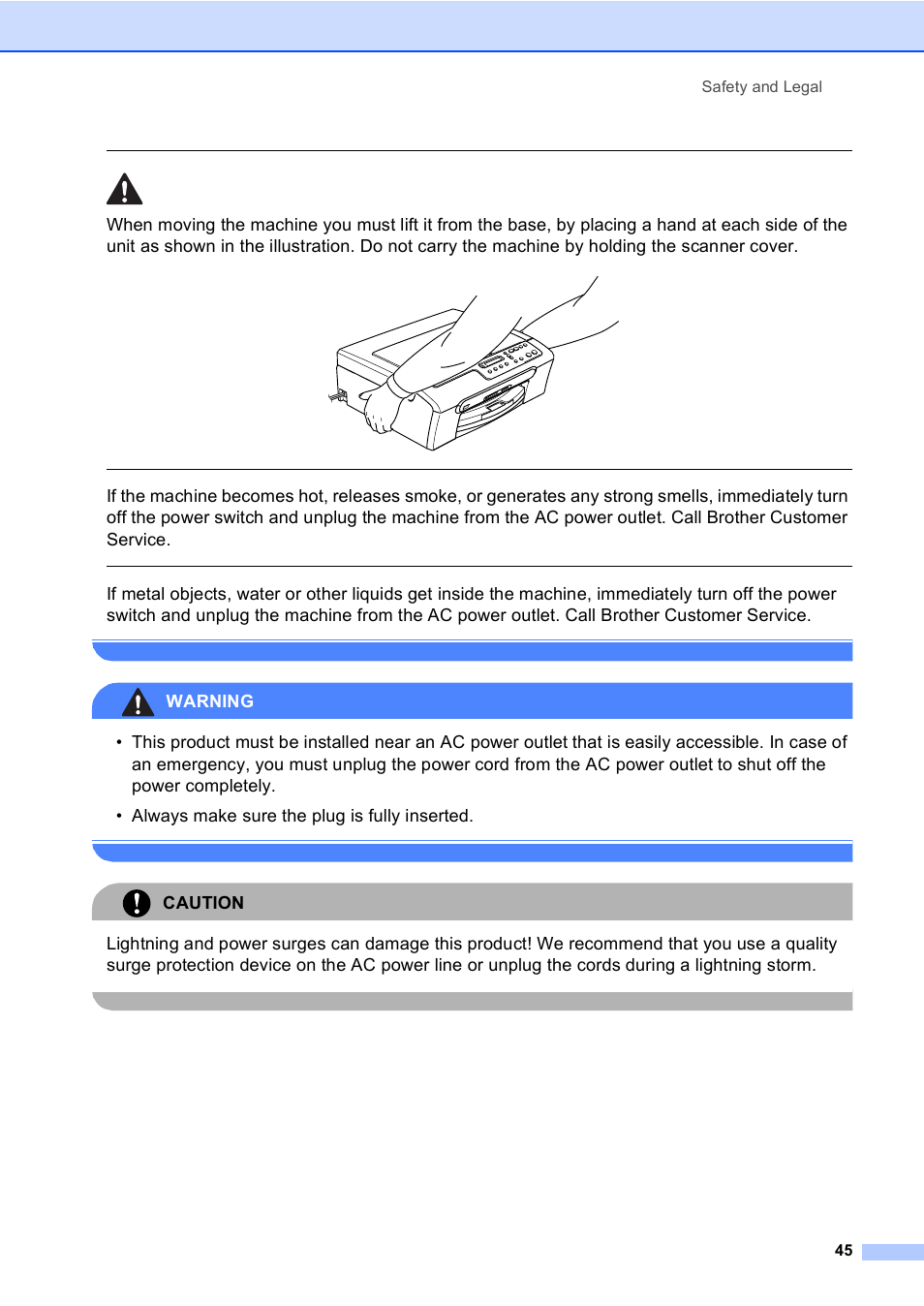 Warning, Caution, Safety and legal 45 | Brother DCP-130C User Manual | Page 58 / 102