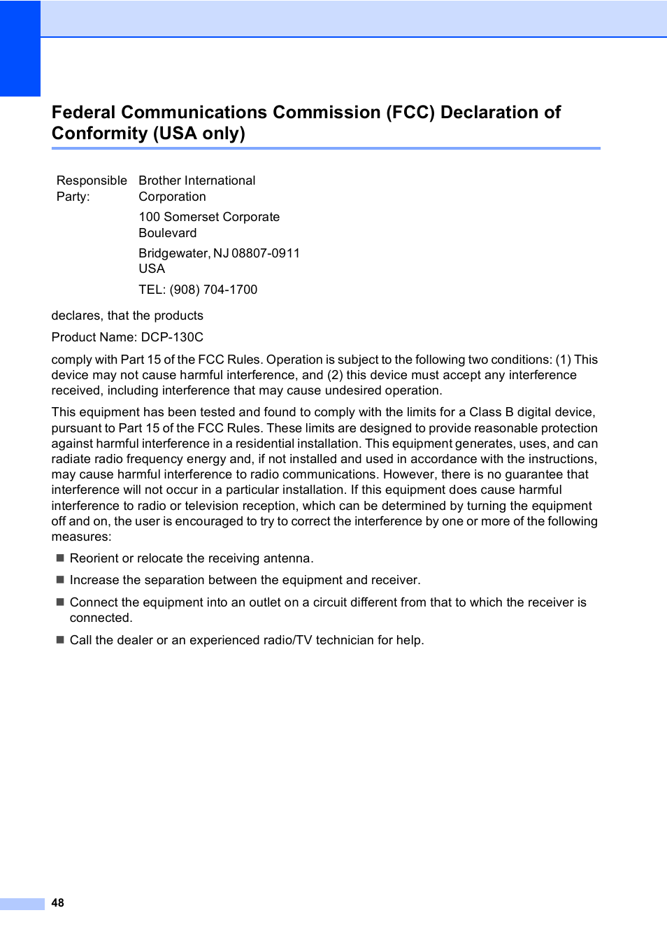 Federal communications commission (fcc), Declaration of conformity (usa only) | Brother DCP-130C User Manual | Page 61 / 102