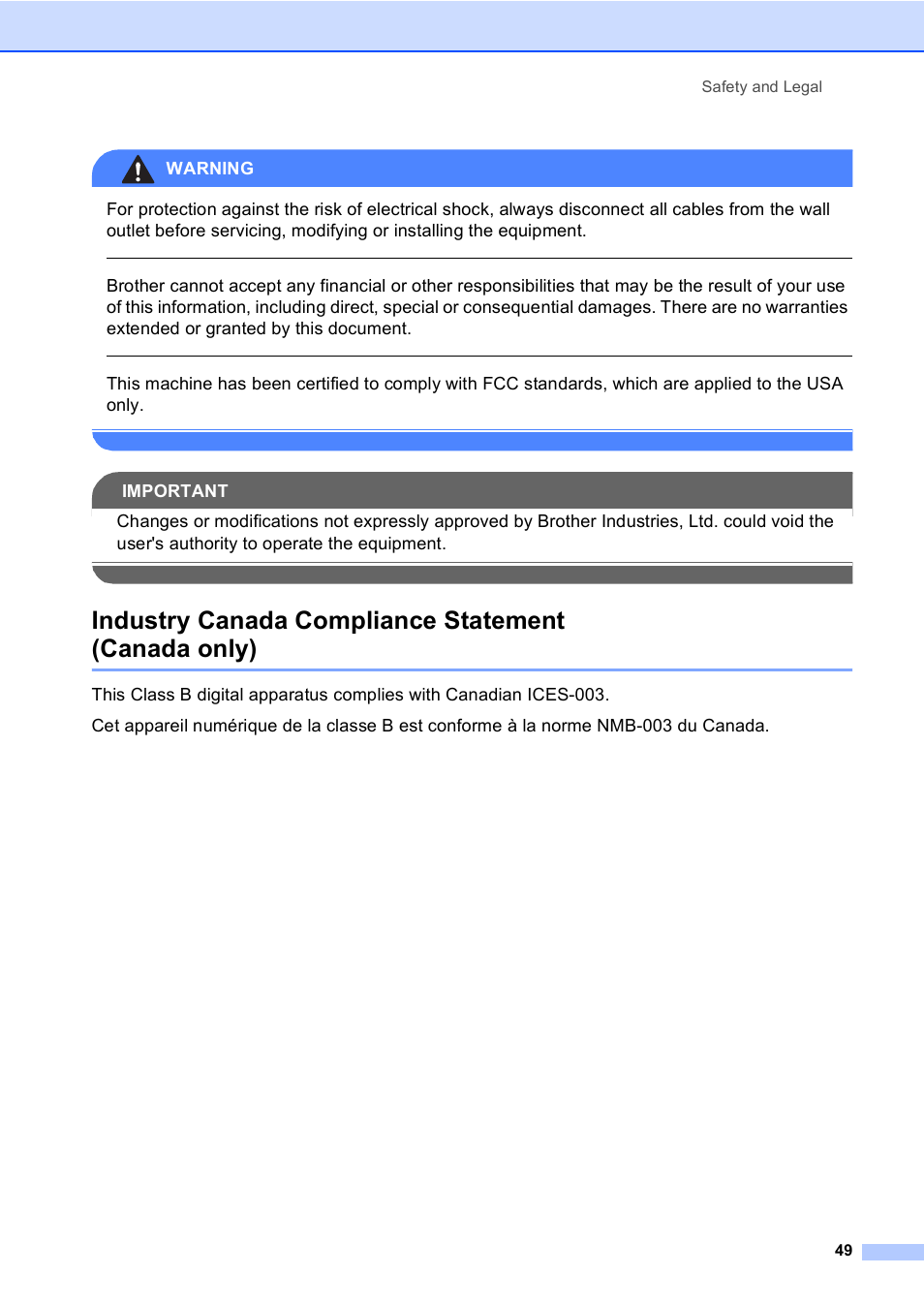 Industry canada compliance statement (canada only), Warning, Safety and legal 49 | Brother DCP-130C User Manual | Page 62 / 102