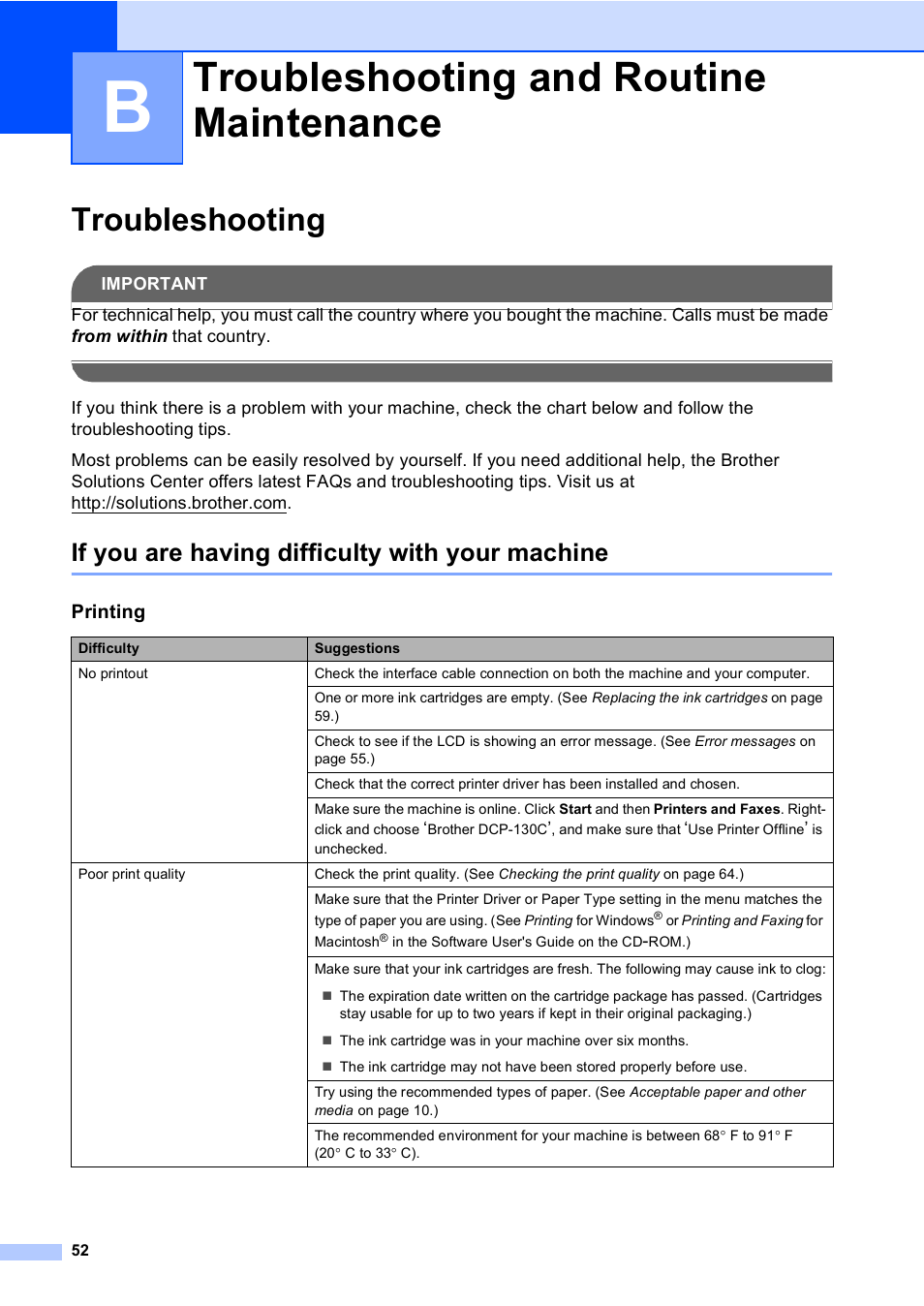 B troubleshooting and routine maintenance, Troubleshooting, If you are having difficulty with your machine | Troubleshooting and routine maintenance | Brother DCP-130C User Manual | Page 65 / 102