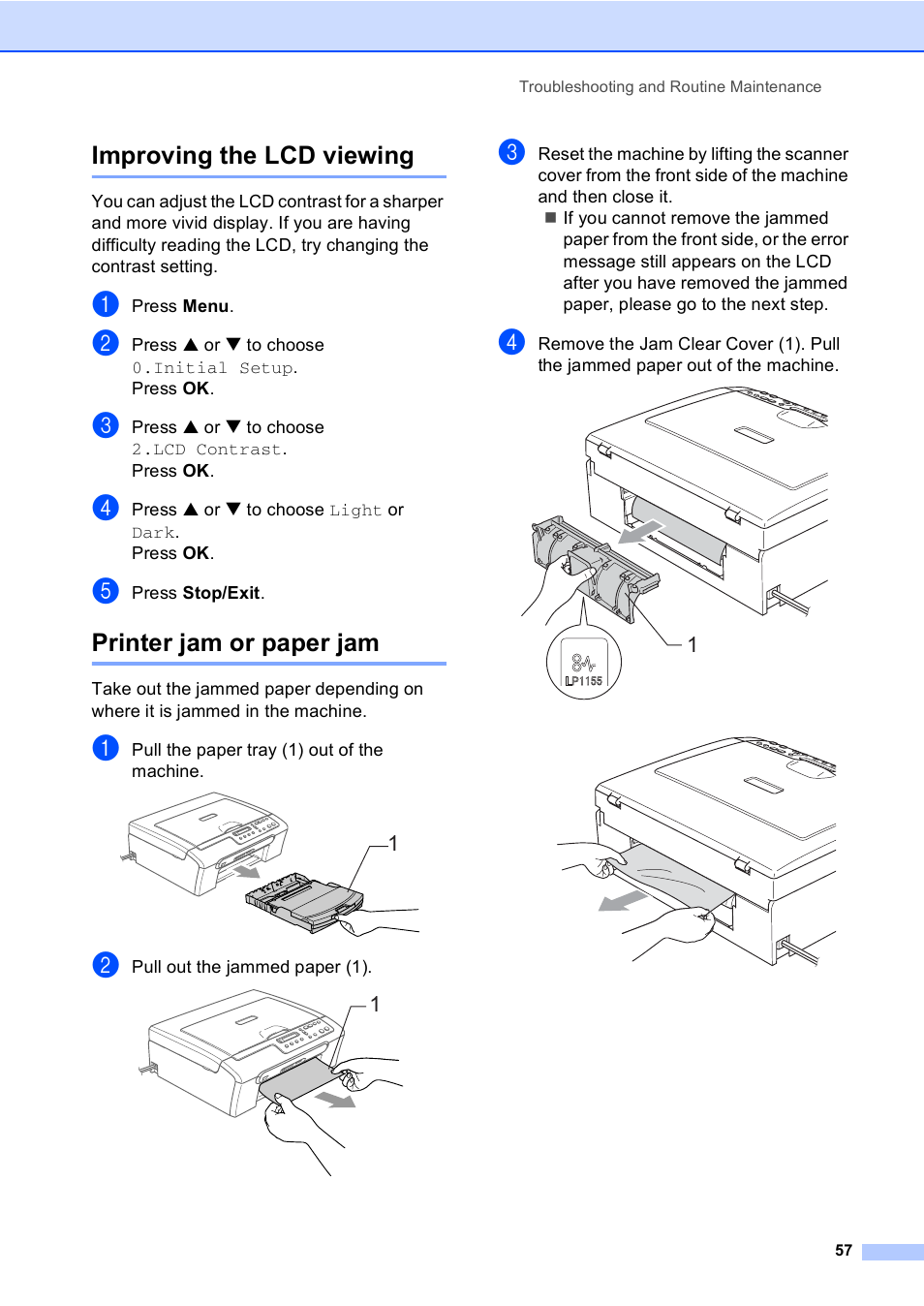 Improving the lcd viewing, Printer jam or paper jam, Improving the lcd viewing printer jam or paper jam | Brother DCP-130C User Manual | Page 70 / 102