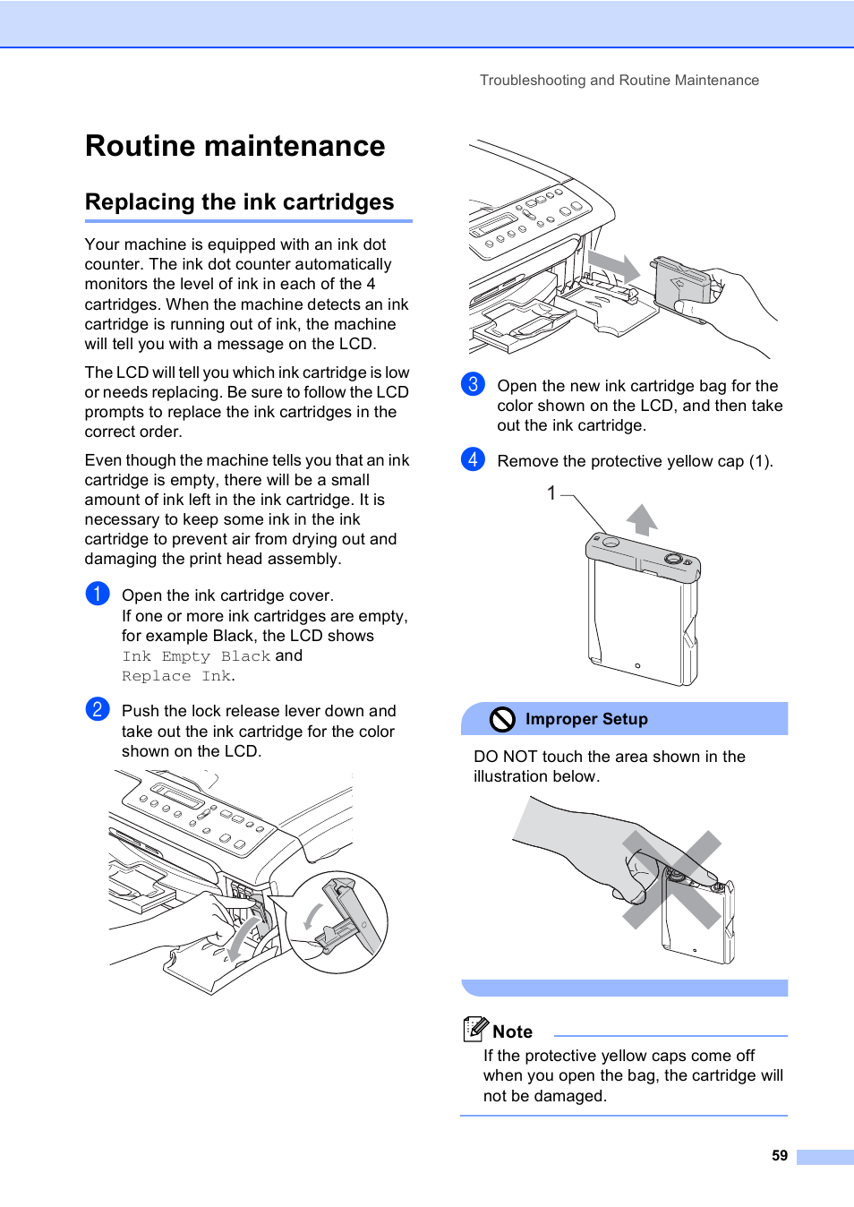 Routine maintenance, Replacing the ink cartridges | Brother DCP-130C User Manual | Page 72 / 102