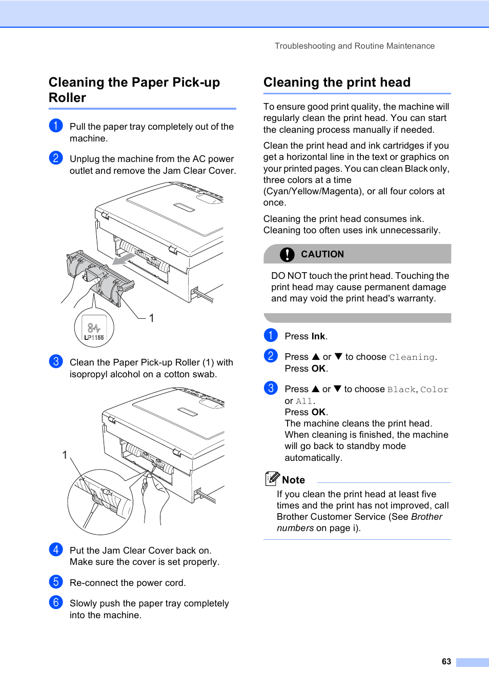 Cleaning the paper pick-up roller, Cleaning the print head | Brother DCP-130C User Manual | Page 76 / 102