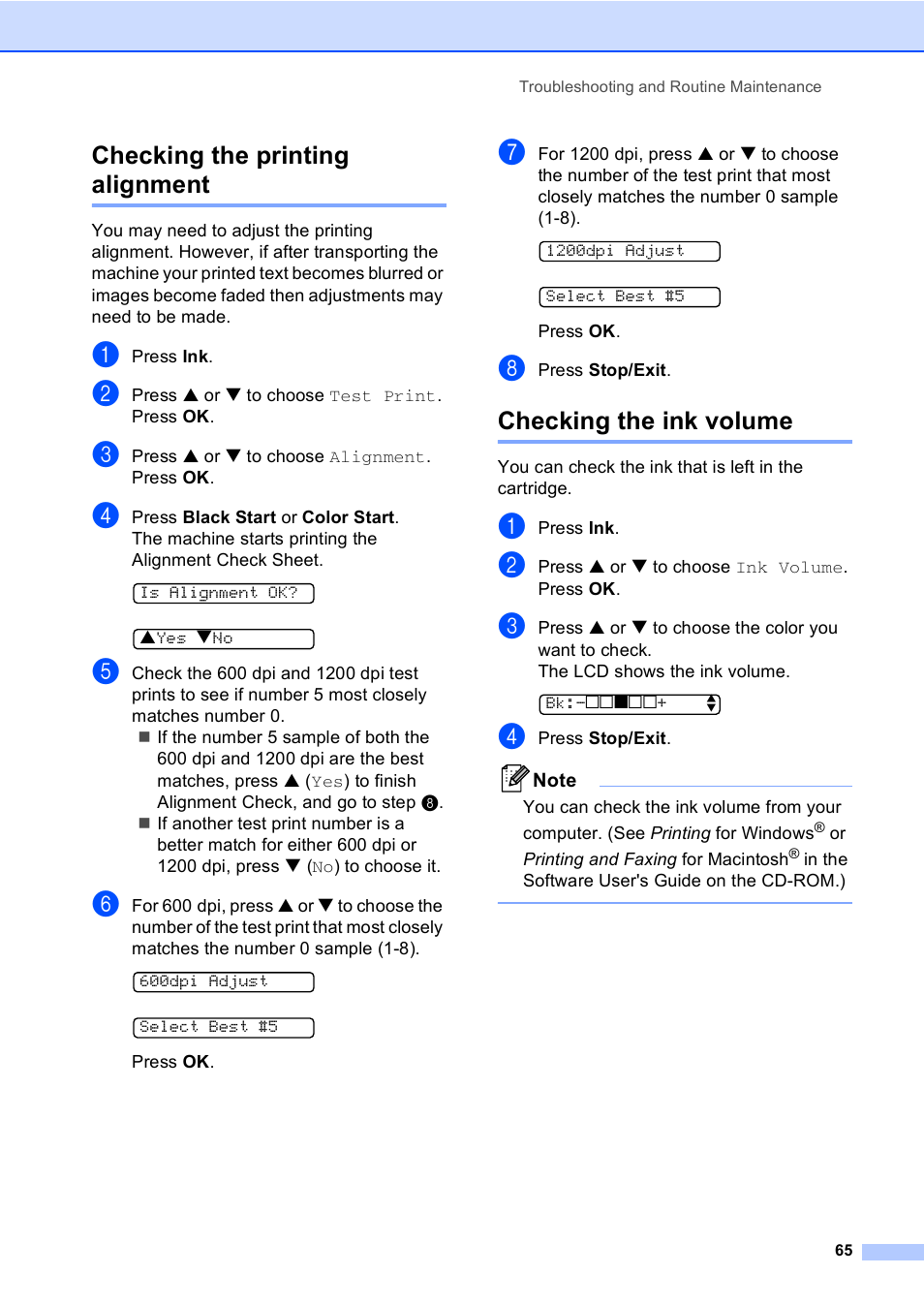 Checking the printing alignment, Checking the ink volume | Brother DCP-130C User Manual | Page 78 / 102