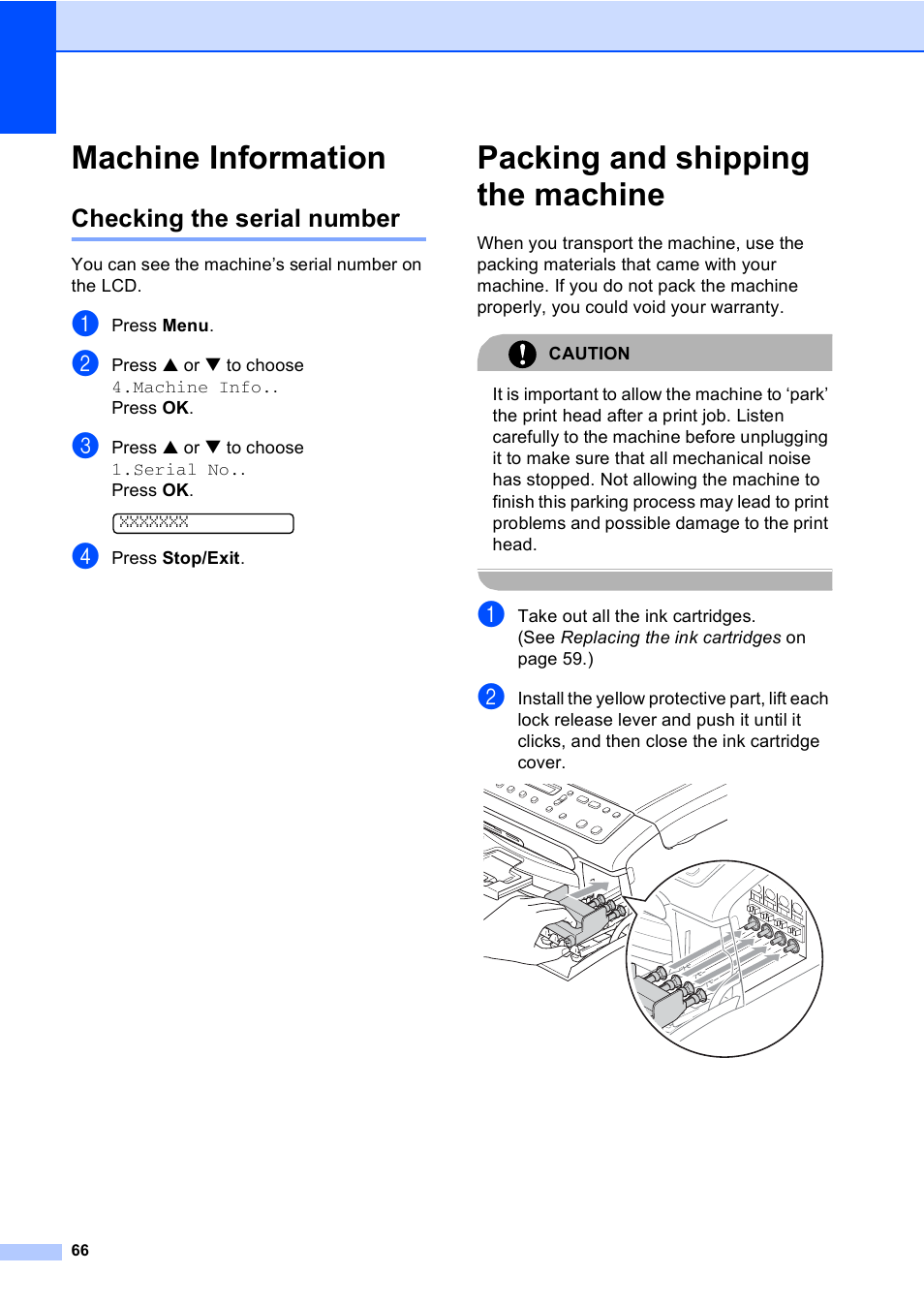 Machine information, Checking the serial number, Packing and shipping the machine | Brother DCP-130C User Manual | Page 79 / 102