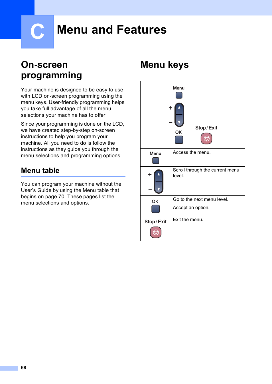 C menu and features, On-screen programming, Menu table | Menu keys, Menu and features | Brother DCP-130C User Manual | Page 81 / 102