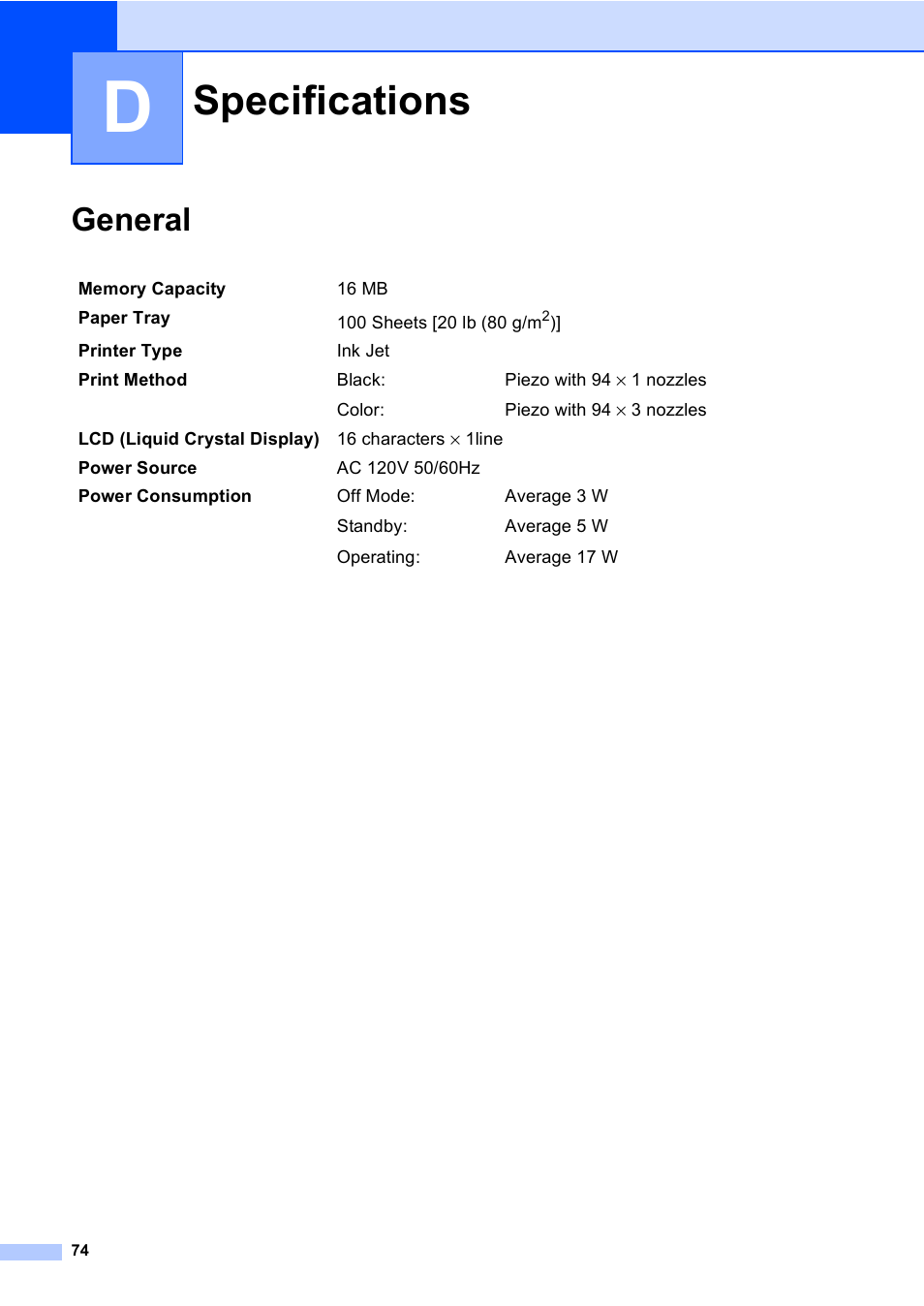 D specifications, General, Specifications | Brother DCP-130C User Manual | Page 87 / 102